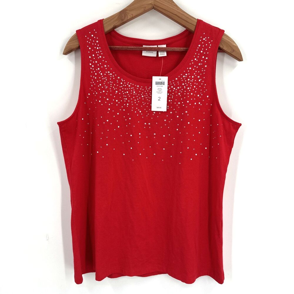 Chico's Tank Top Size 2 Large Red Knit Scoop Neck Embellished Cotton Holiday NEW